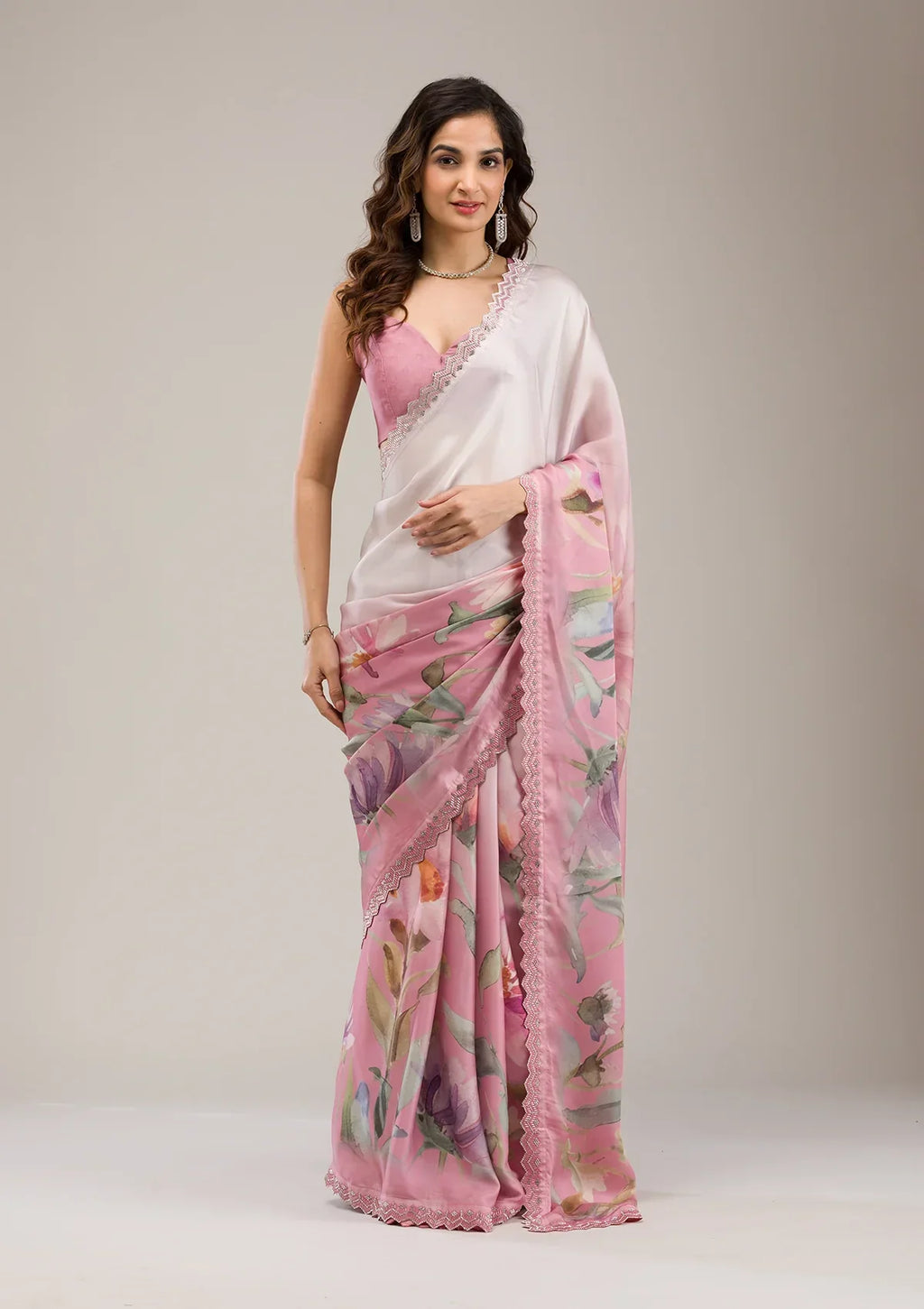 Baby Pink Stonework Satin Saree