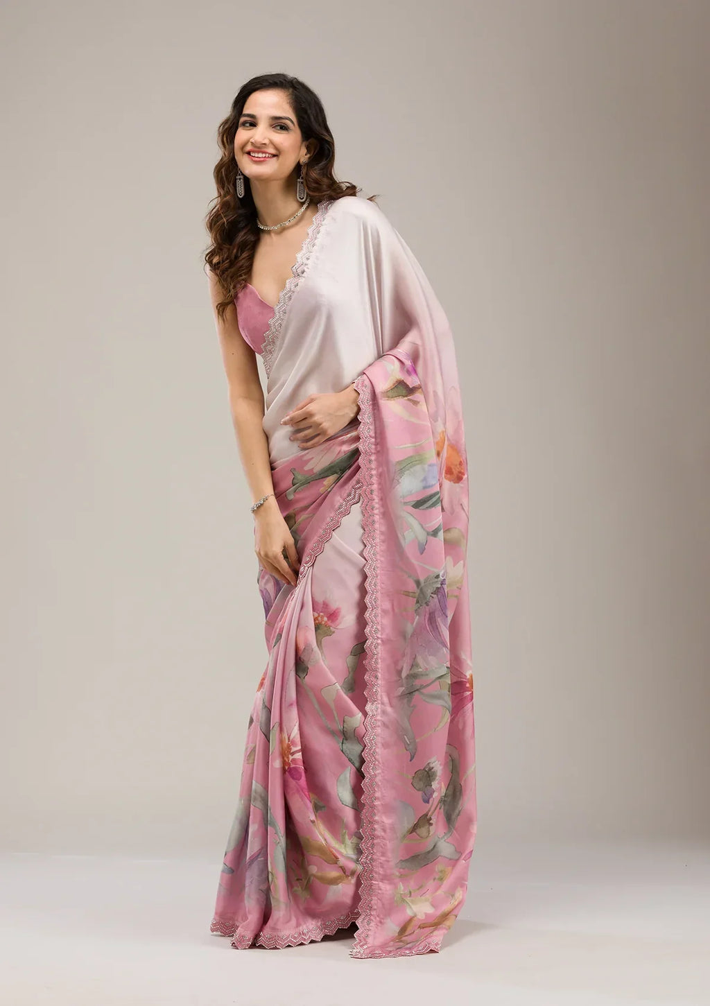Baby Pink Stonework Satin Saree