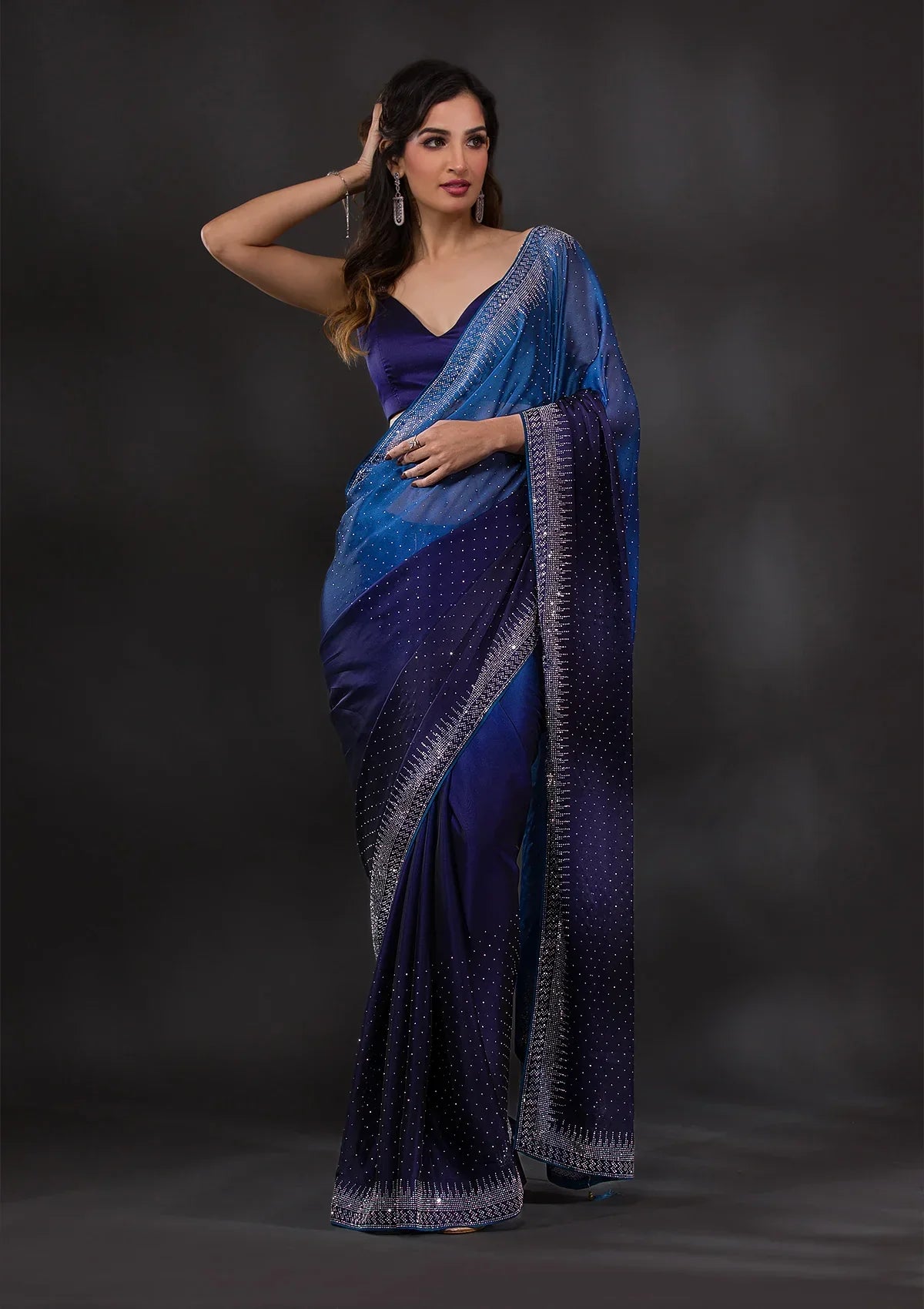 Ombre Navy Blue Stonework Satin Designer Saree