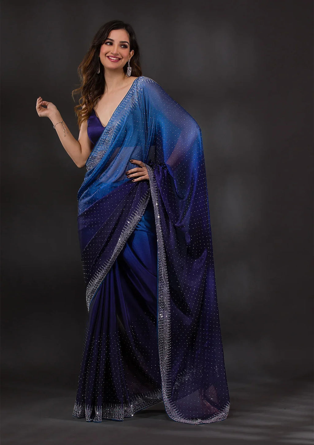 Ombre Navy Blue Stonework Satin Designer Saree
