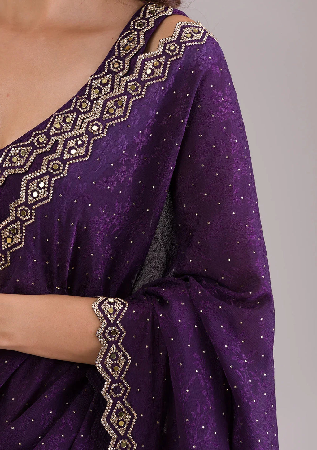 Purple Stonework Semi Crepe Saree