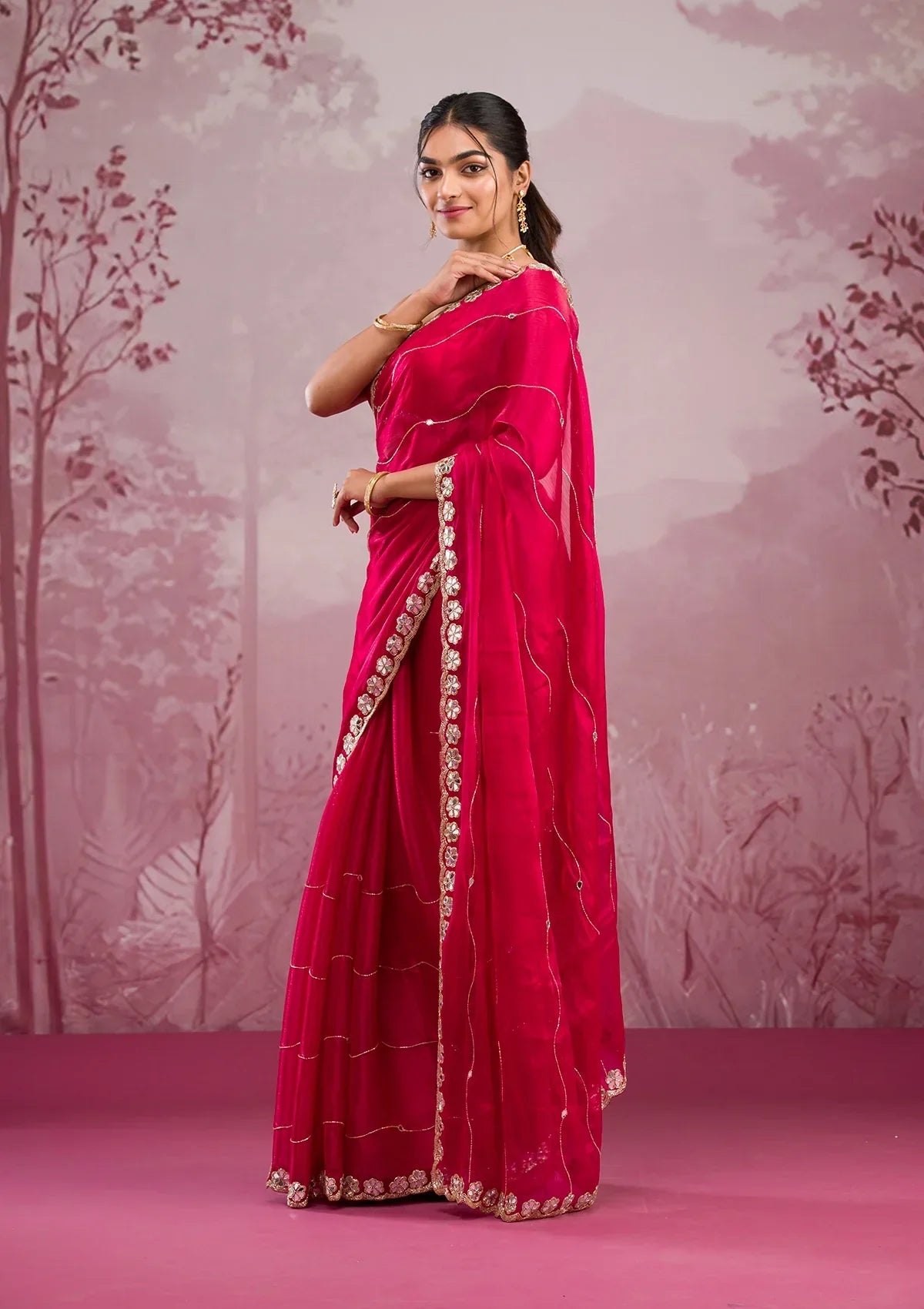 Red Mirrorwork Georgette Saree