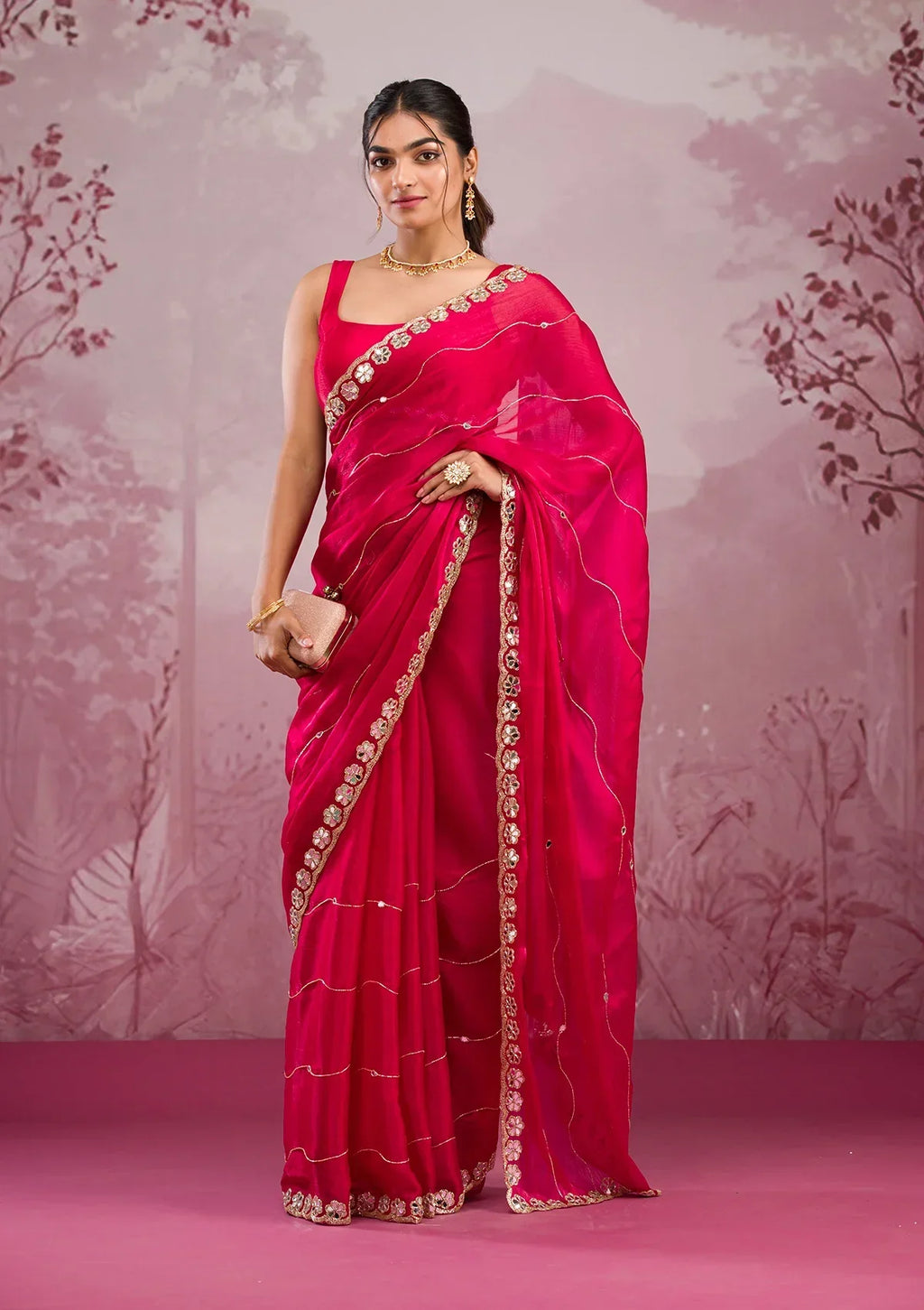 Red Mirrorwork Georgette Saree